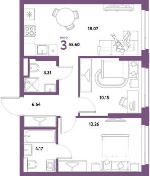3-к квартира, строящийся дом, 56м2, 13/31 этаж